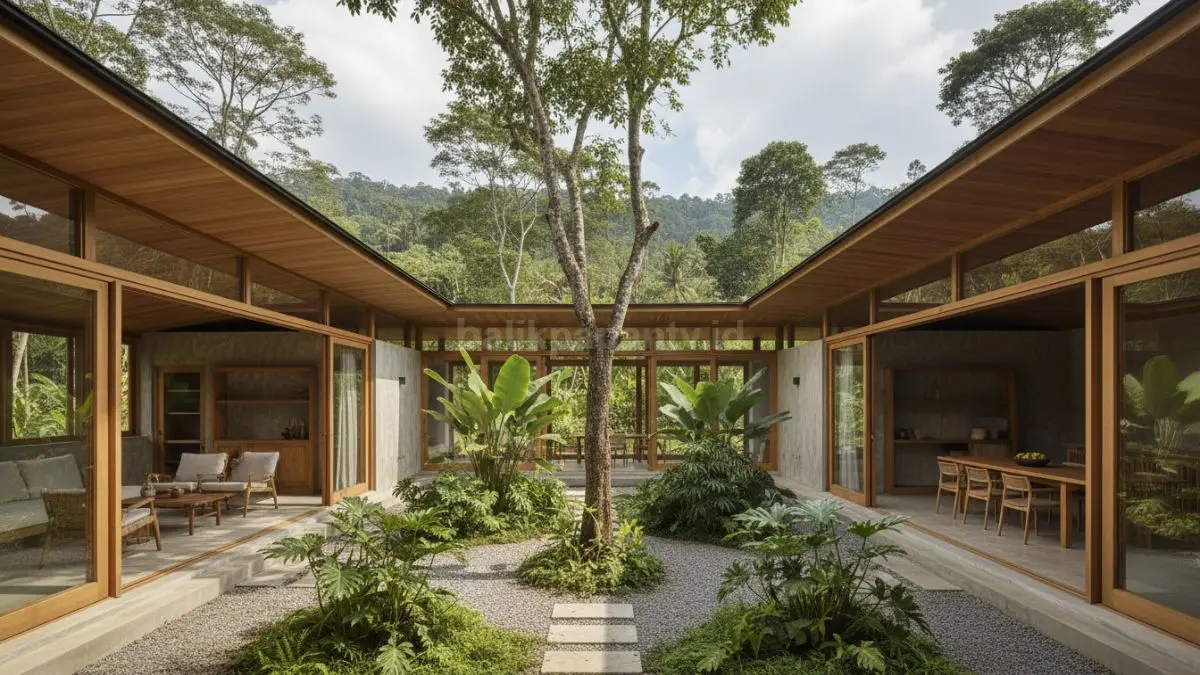 Rumah Japandi tropis dengan taman dalam di tengah bangunan, dikelilingi ruang-ruang terbuka yang memungkinkan cahaya dan udara mengalir alami, menciptakan suasana sejuk dan hidup di dalam hunian.