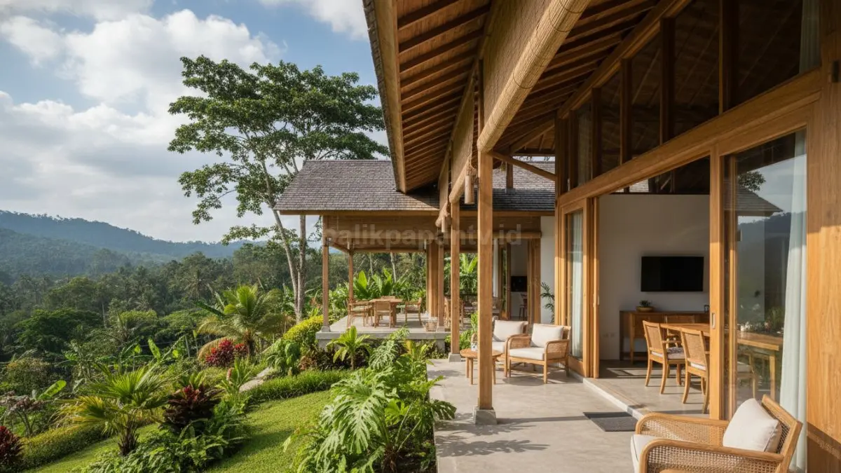 Rumah Japandi tropis di pedesaan dengan desain terbuka, pencahayaan alami melimpah, dan elemen kayu yang menyatu dengan lingkungan sekitar, menghadirkan suasana adem serta harmonis dengan alam.