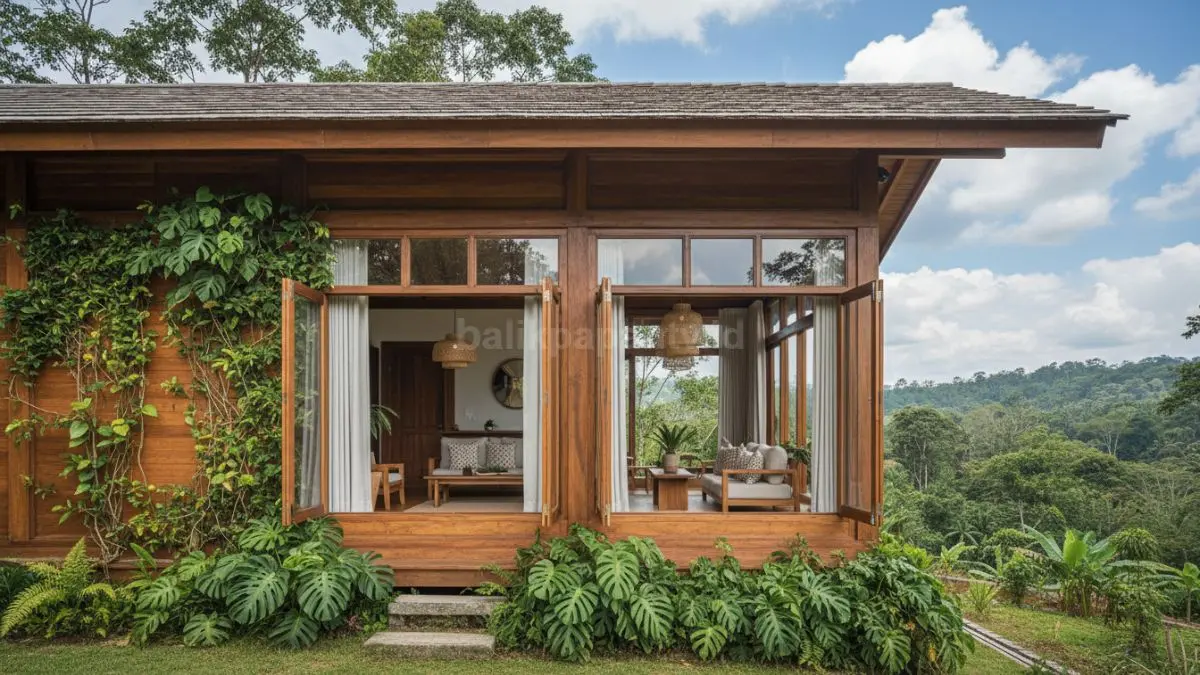 Rumah kayu modern dengan ventilasi alami yang memperlihatkan jendela berhadapan untuk aliran udara silang, menggunakan material kayu lokal seperti ulin atau jati yang menghadirkan suasana hangat, sejuk, dan menyatu dengan lingkungan tropis.
