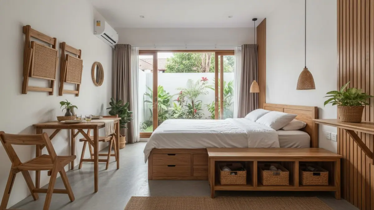 Rumah minimalis dengan furnitur multi‑fungsi dan storage pintar, seperti tempat tidur ber-laci, bangku dengan rak bawah, dan meja lipat, memaksimalkan efisiensi ruang tanpa membuatnya terasa sempit.