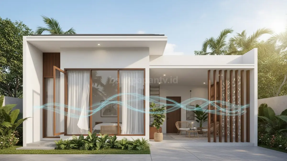 Rumah minimalis dengan ventilasi silang yang memperlihatkan aliran udara masuk dari jendela depan dan keluar melalui bukaan di sisi berlawanan, menciptakan sirkulasi angin alami yang membuat ruangan terasa lebih sejuk.