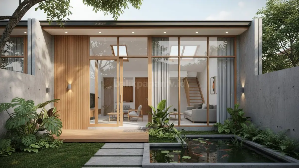 Rumah mungil dengan pencahayaan dan ventilasi alami maksimal, memanfaatkan jendela besar, pintu geser kaca, dan skylight untuk menghadirkan ruang terang, terasa luas, dan terhubung dengan taman atau teras.