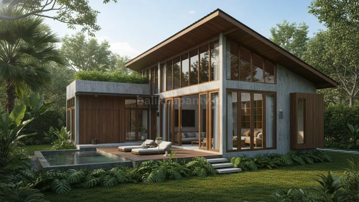 Rumah tropis minimalis dengan ventilasi luas, atap miring, dan taman hijau, dirancang adaptif terhadap iklim tropis Indonesia untuk kenyamanan maksimal sepanjang tahun