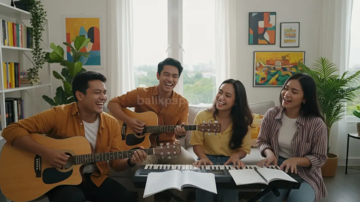 Sekelompok teman asyik bermain musik bersama, dengan alat musik seperti gitar dan keyboard, menampilkan hobi kreatif yang meningkatkan mood, mempererat koneksi sosial, dan menstimulasi otak secara menyenangkan.