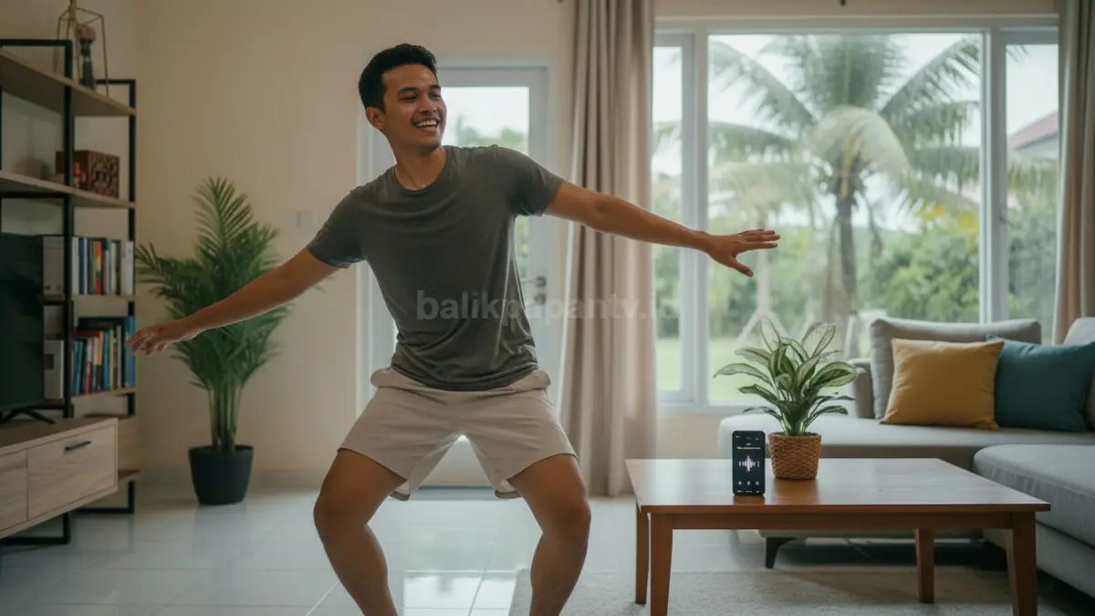Seorang anak muda di ruang tamu rumah Balikpapan sedang menari energetik selama 15 menit, dengan musik di smartphone di sampingnya, terlihat ceria dan bergerak bebas, mencerminkan kebugaran tubuh dan kesehatan pernapasan yang optimal.