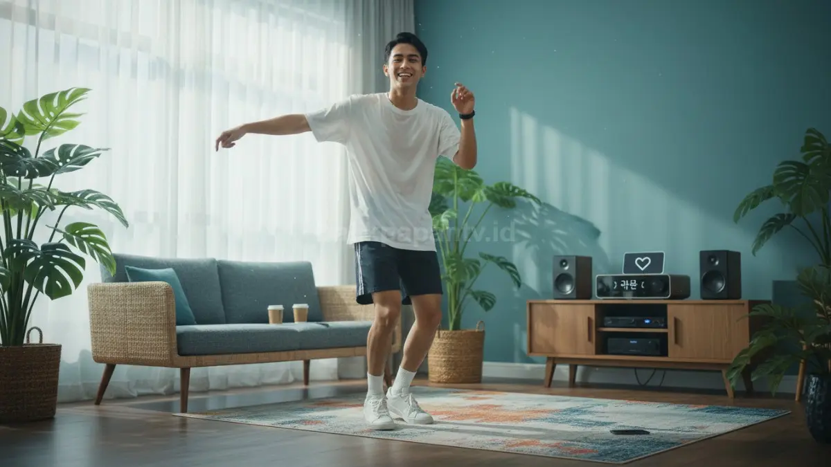 Seorang anak muda menari di ruang tamu dengan ekspresi ceria, musik K-Pop terdengar, menunjukkan gerakan ringan selama 15 menit yang bermanfaat untuk paru-paru, jantung, dan mood.