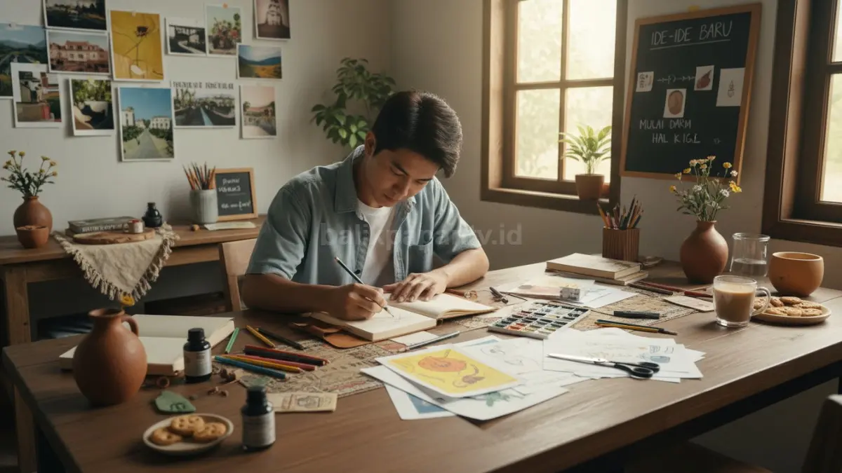 Seorang orang duduk di meja kerja sambil membuat sketsa di buku catatan, dikelilingi alat tulis dan inspirasi kreatif, menekankan awal perjalanan hobi kreatif tanpa harus rumit atau mahal.