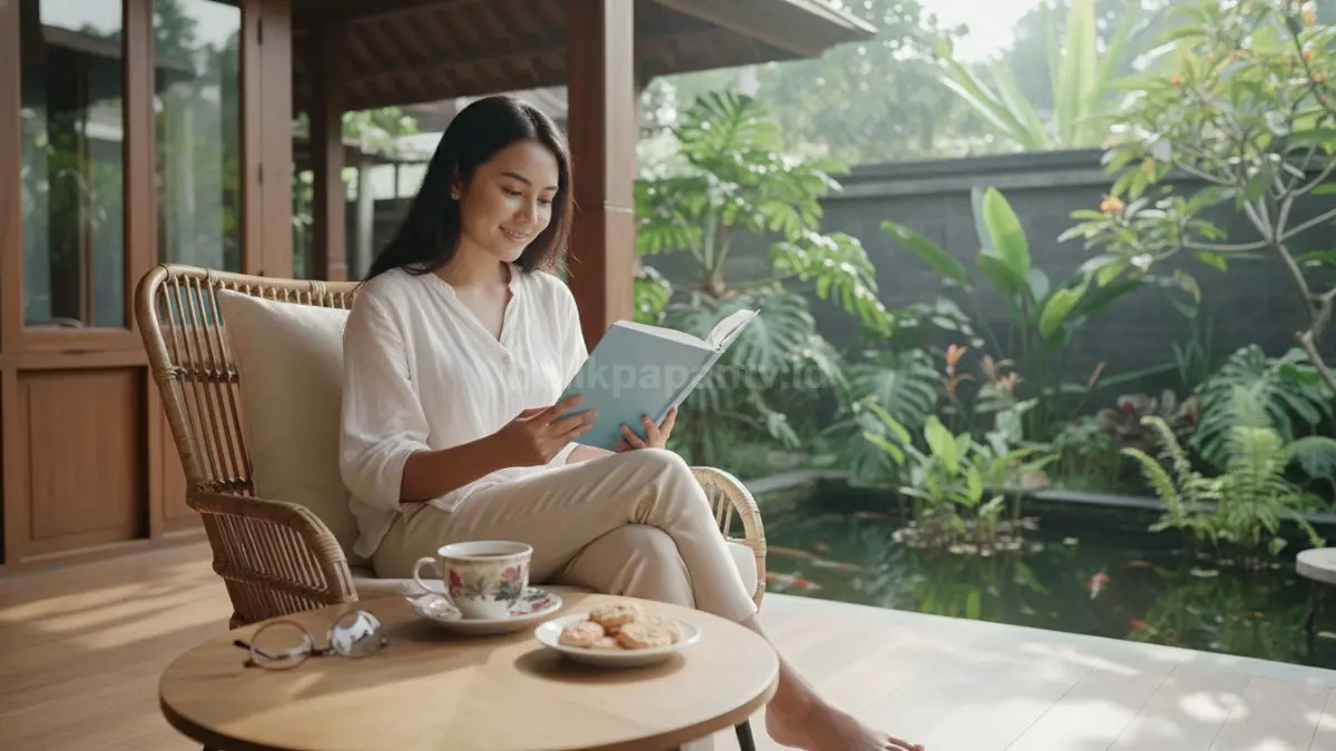 Seorang pembaca santai duduk di kursi nyaman dengan buku terbuka, ditemani secangkir kopi, menekankan hobi intelektual yang merangsang otak, menenangkan pikiran, dan meningkatkan fokus serta kreativitas.