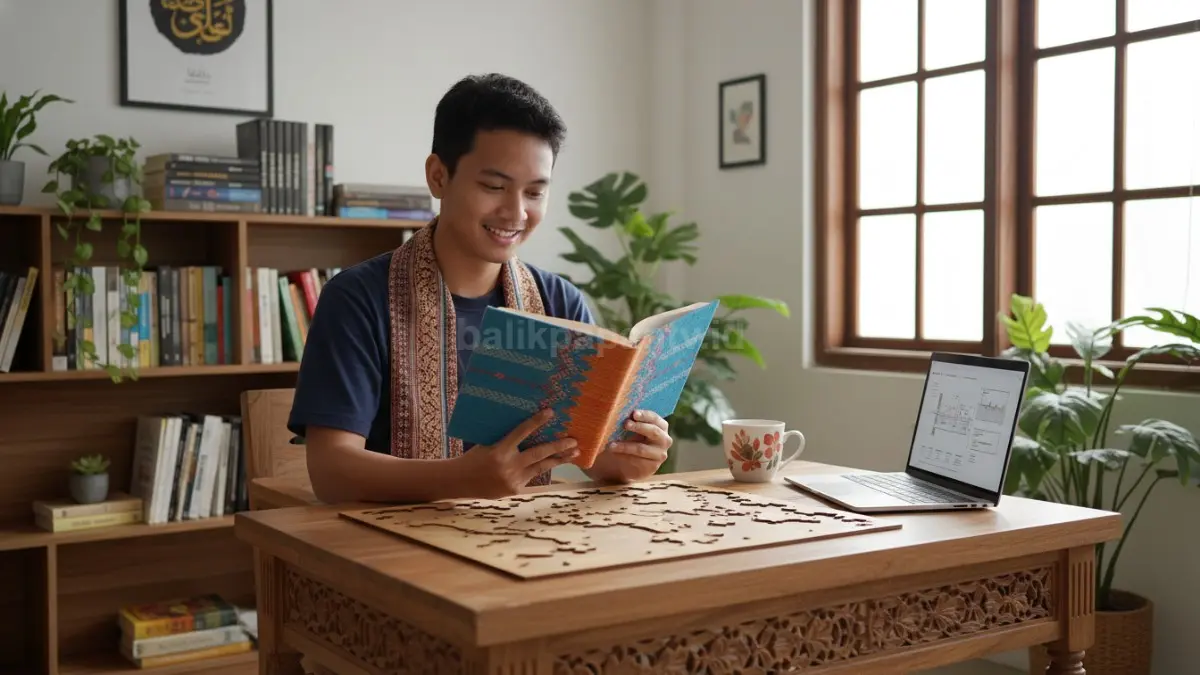 SESEORANG asyik membaca buku dan menyelesaikan puzzle di meja belajar, menunjukkan hobi intelektual yang merangsang pengetahuan, kreativitas, dan kemampuan berpikir kritis.
