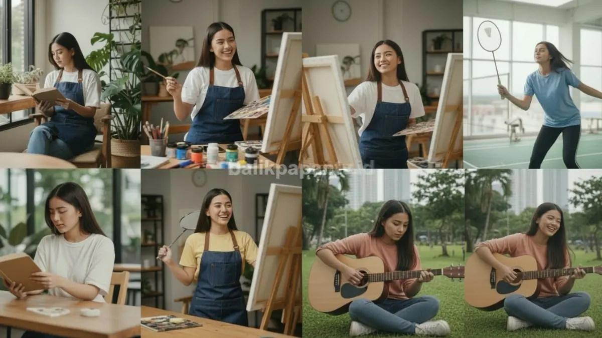 Seseorang mencoba berbagai aktivitas seperti membaca, menggambar, dan olahraga sebagai proses menemukan hobi yang cocok
