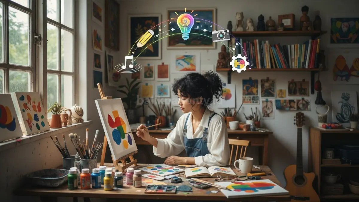 Seseorang menggambar di studio kecil, simbol hobi kreatif penuh ide