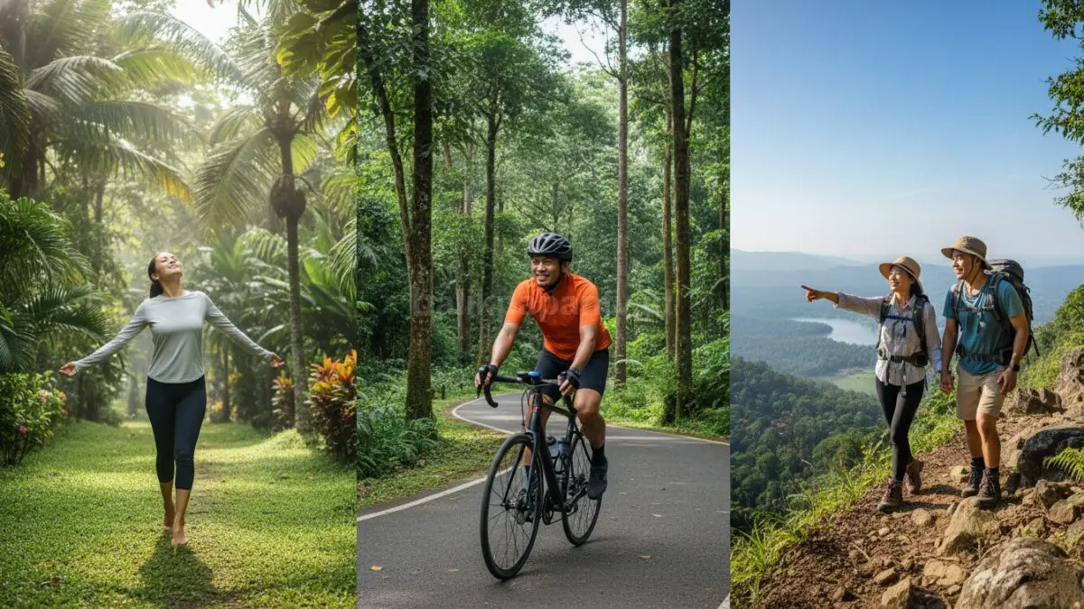 Seseorang sedang berjalan santai di taman sambil menikmati udara segar, bersepeda, dan hiking ringan, menggambarkan hobi olahraga luar ruang yang menyehatkan tubuh dan pikiran.