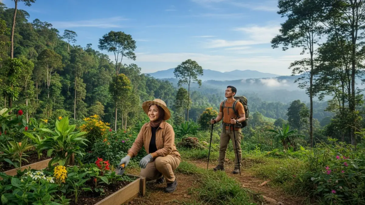 SESEORANG sedang berkebun dan hiking di alam terbuka, menikmati hobi yang dekat dengan lingkungan, bikin tubuh lebih fit sekaligus hati lebih tenang.
