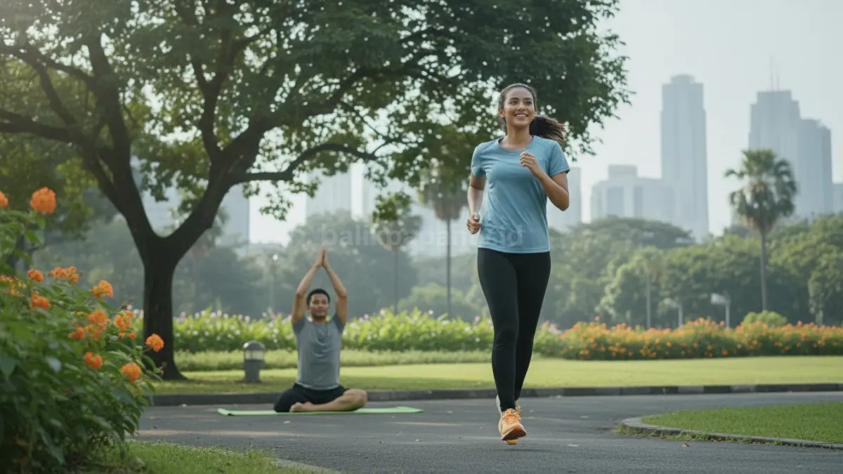 SESEORANG sedang jogging dan yoga di taman, menekankan hobi olahraga yang meningkatkan kesehatan jantung, paru-paru, dan kebugaran tubuh secara menyenangkan.