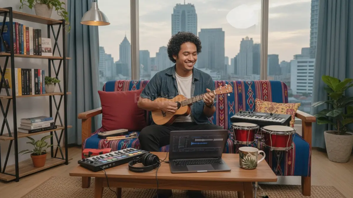 Seseorang sedang memainkan ukulele sambil tersenyum, dikelilingi alat musik kecil lain seperti keyboard dan drum mini, dengan laptop terbuka untuk bikin beats kreatif, menekankan keseruan eksplorasi musik bersama bubuhan ikam.