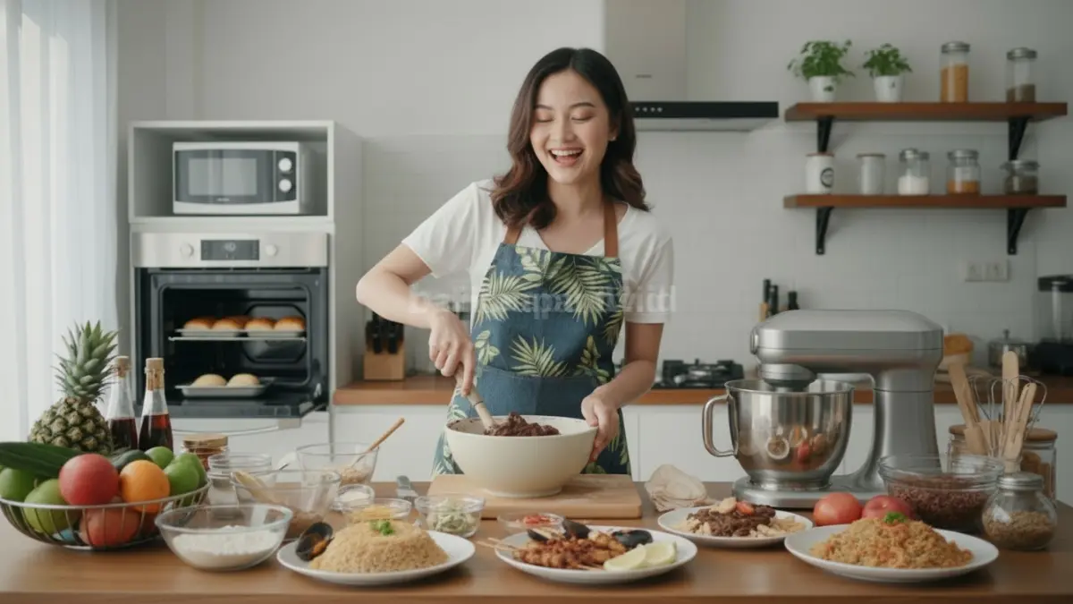 seseorang seru mencoba resep baru di dapur, memasak dan baking dengan penuh antusias, menunjukkan hobi kuliner yang bisa menambah skill sekaligus peluang usaha sampingan.
