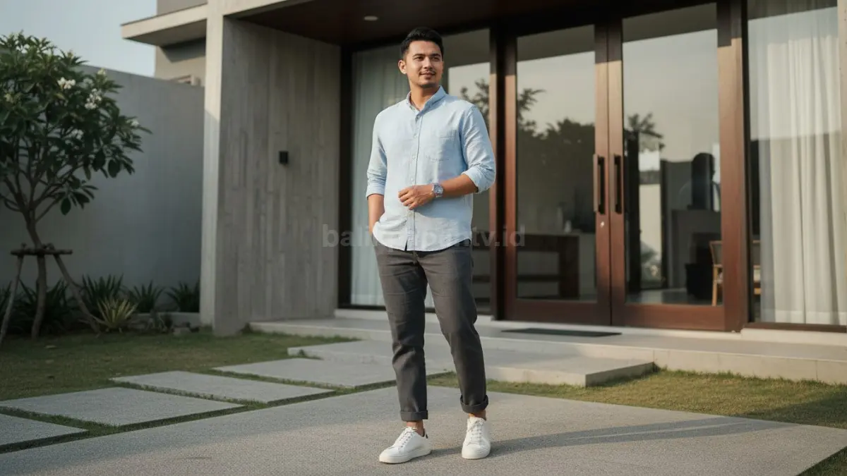 Sneakers bersih dipadukan outfit santai rapi, tampilan simpel tapi menarik perhatian
