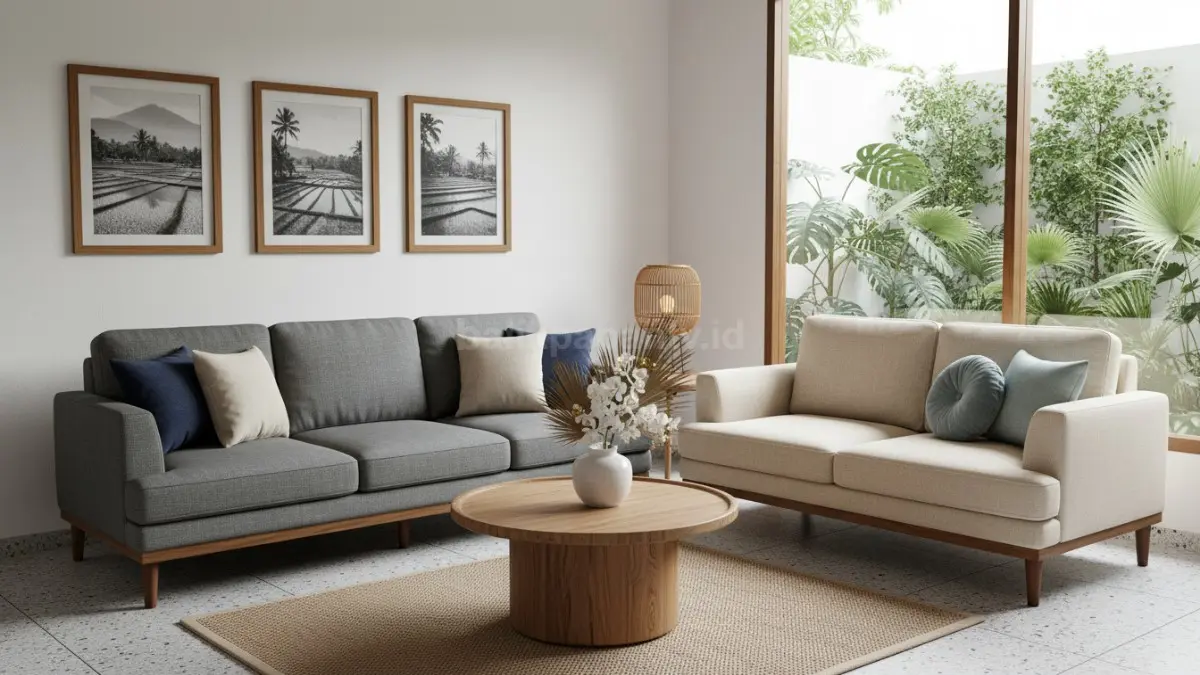 Sofa abu-abu dan navy tampil serasi dengan dekor minimalis.