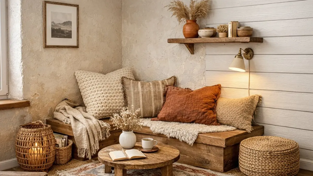 Sudut rumah dengan karpet kecil, bantal, atau kain linen.