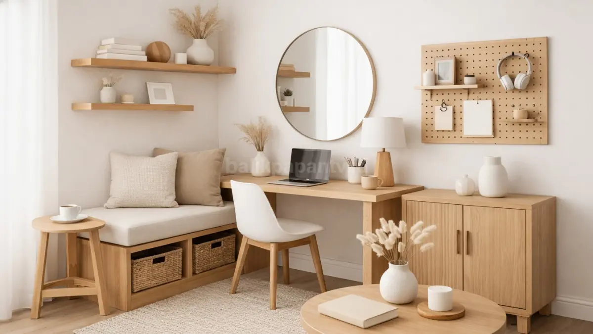 Sudut rumah dengan warna netral dan aksen kayu.