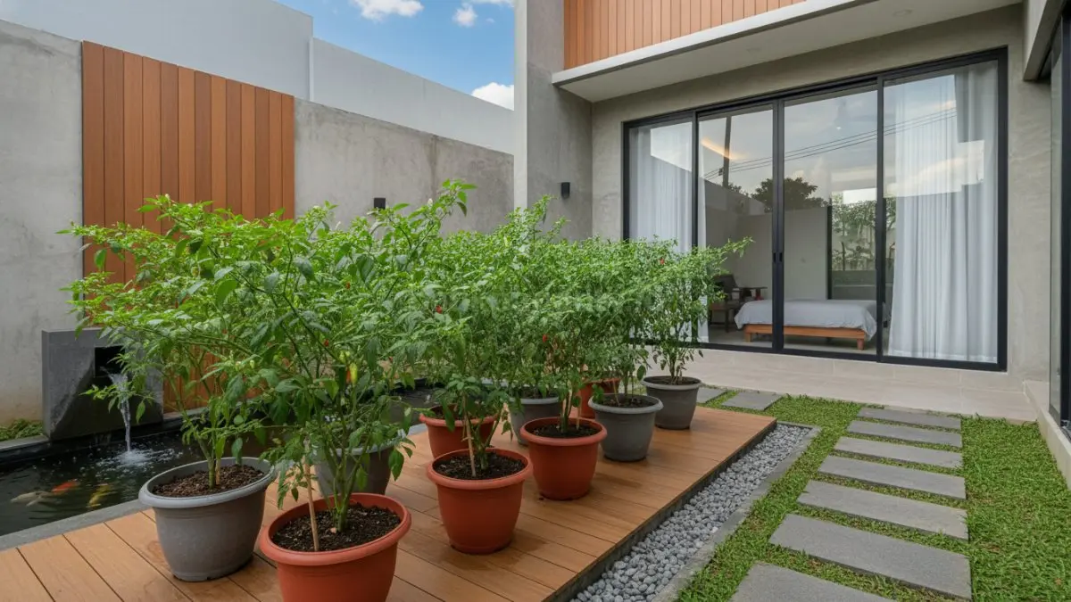 Taman belakang rumah dengan pot tanaman cabe hijau yang tertata rapi dan segar
