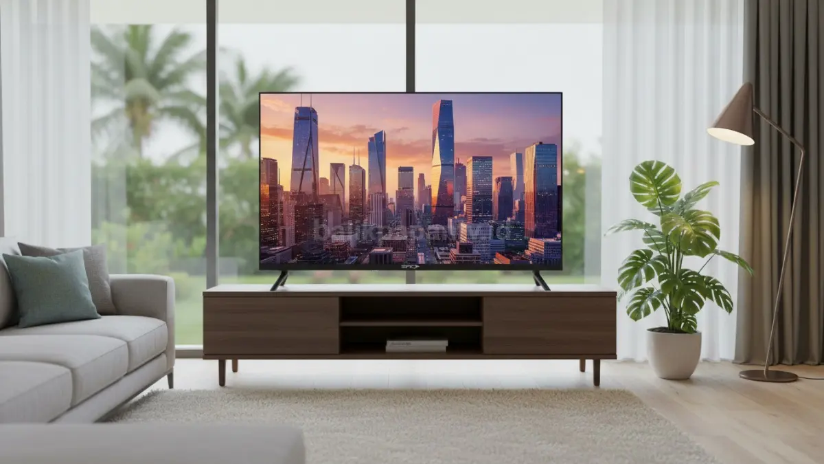 Tampilan SPC ST50 QLED 4K dengan layar jernih dan desain tipis modern di ruang tamu.