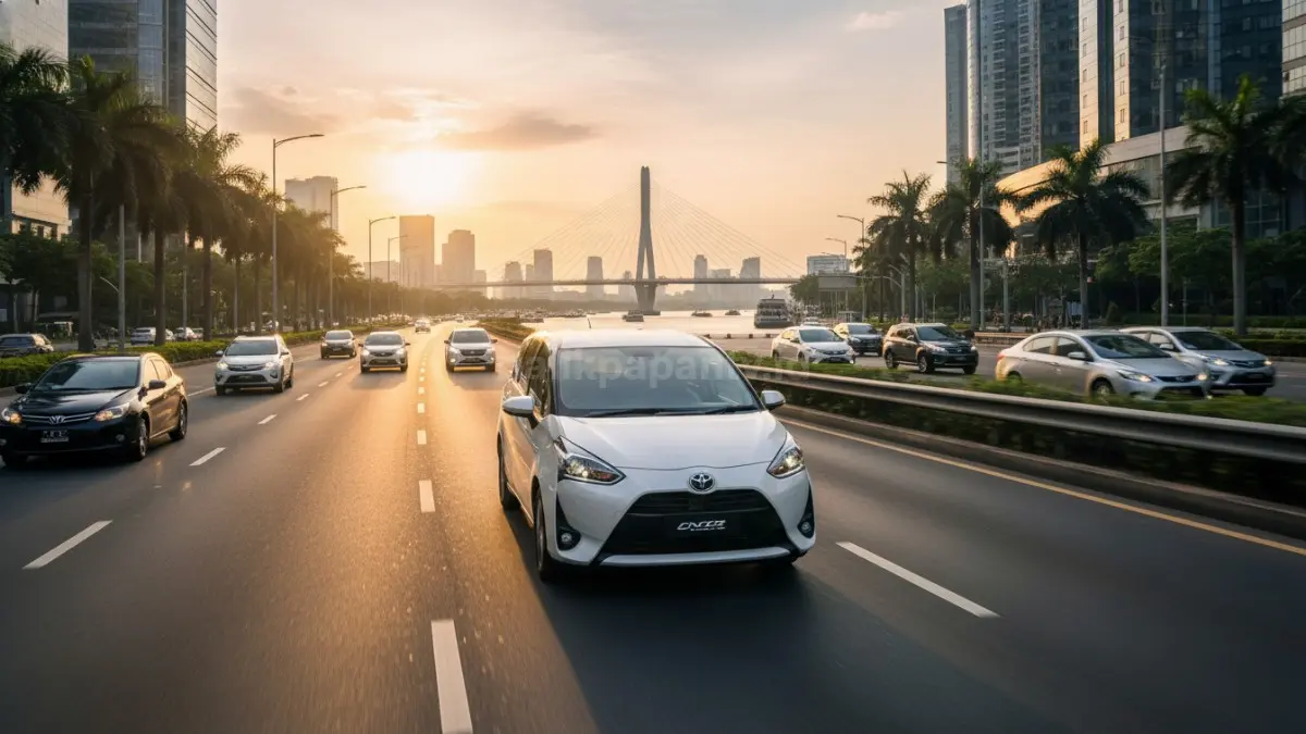 Tampilan Toyota Sienta dengan desain unik Harajuku yang mencolok di jalan.