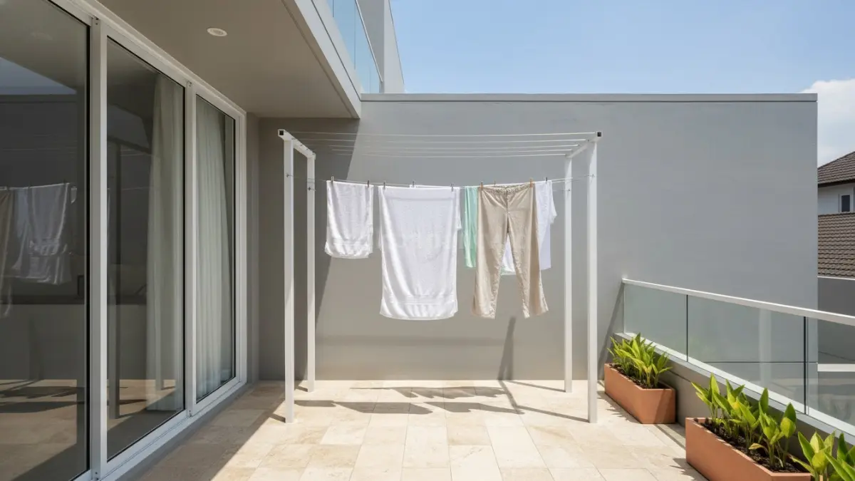 Tempat jemur minimalis di rumah modern dengan desain rapi dan hemat ruang