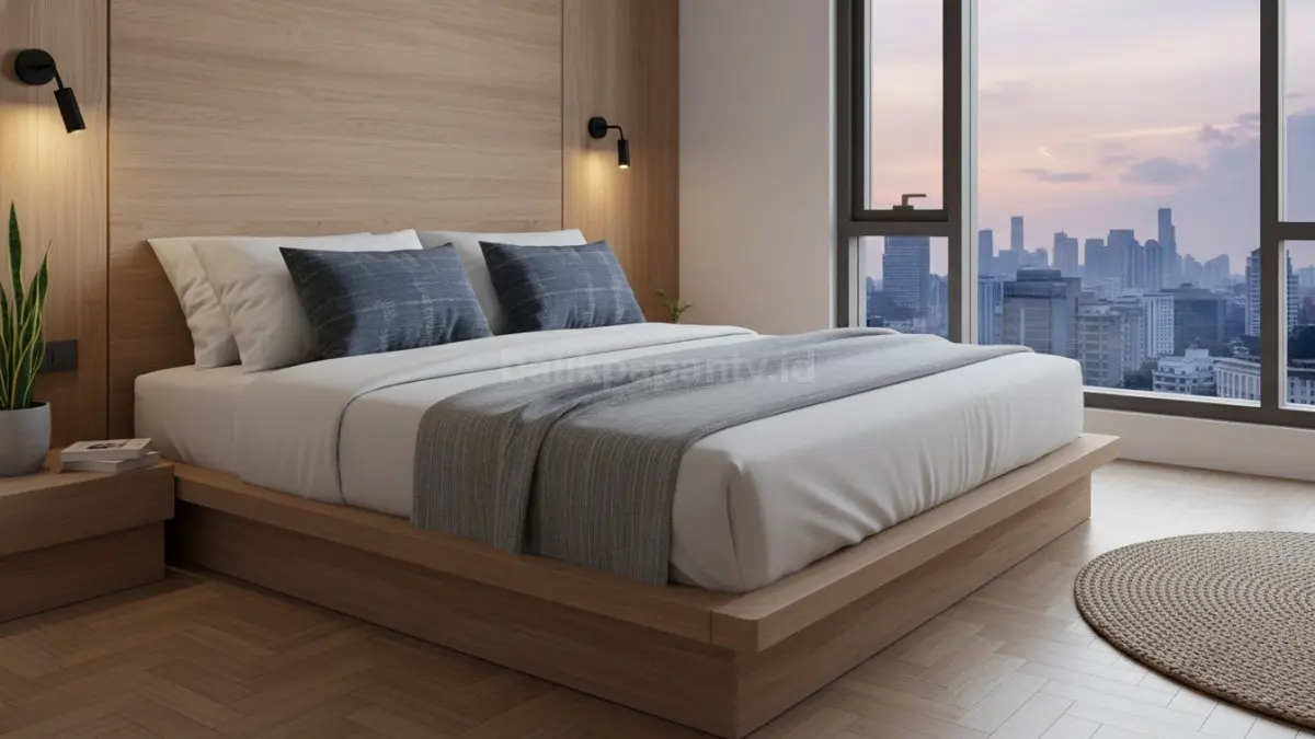 Tempat tidur minimalis dengan sprei netral dan pencahayaan hangat yang estetik modern