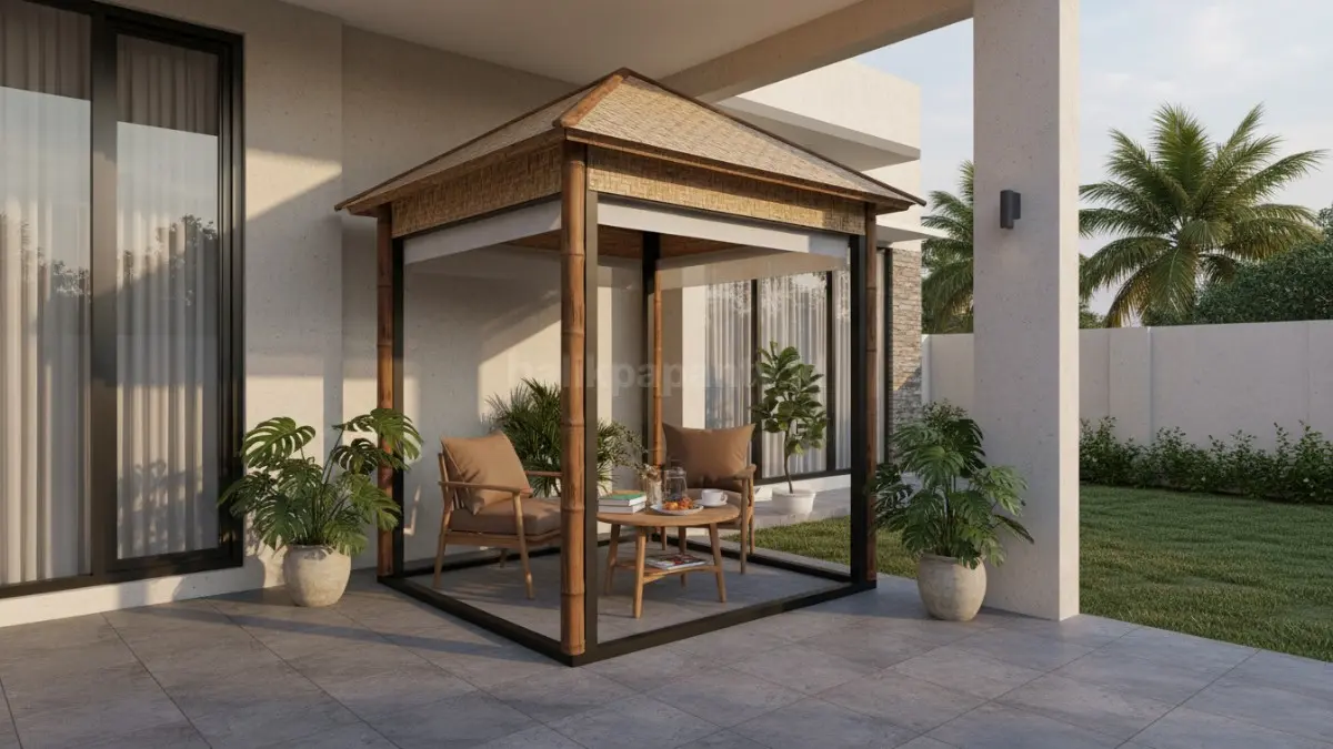 Teras minimalis modern dilengkapi gazebo mini berukuran 1,5–2 meter, memadukan kayu glugu dan besi hollow, nyaman untuk santai, baca buku, atau ngobrol sore dengan bubuhan Cess.