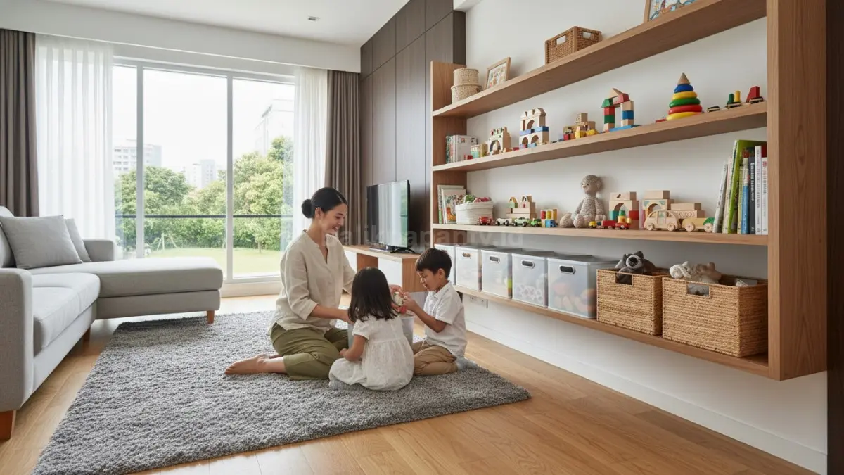 rak mainan anak tertata rapi dengan kotak penyimpanan berwarna