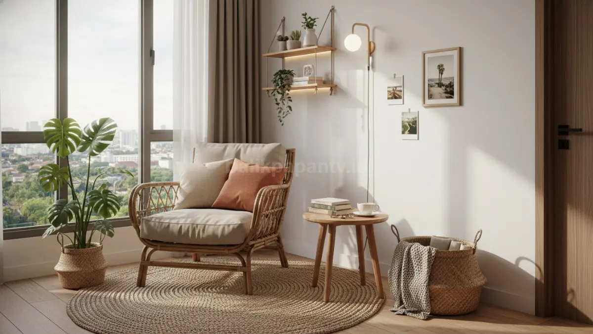 udut rumah minimalis dengan rak, bean bag, lampu hangat, dan tanaman hias estetik