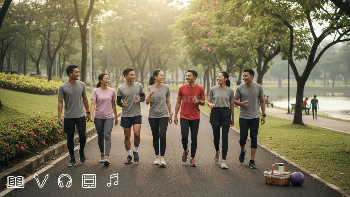 Visual bubuhan ikam seru jalan pagi di taman, simbol hobi sehat untuk hidup bahagia