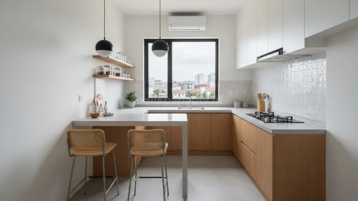 Dapur mini bar bentuk L modern dengan desain minimalis, solusi ruang kecil tetap estetik