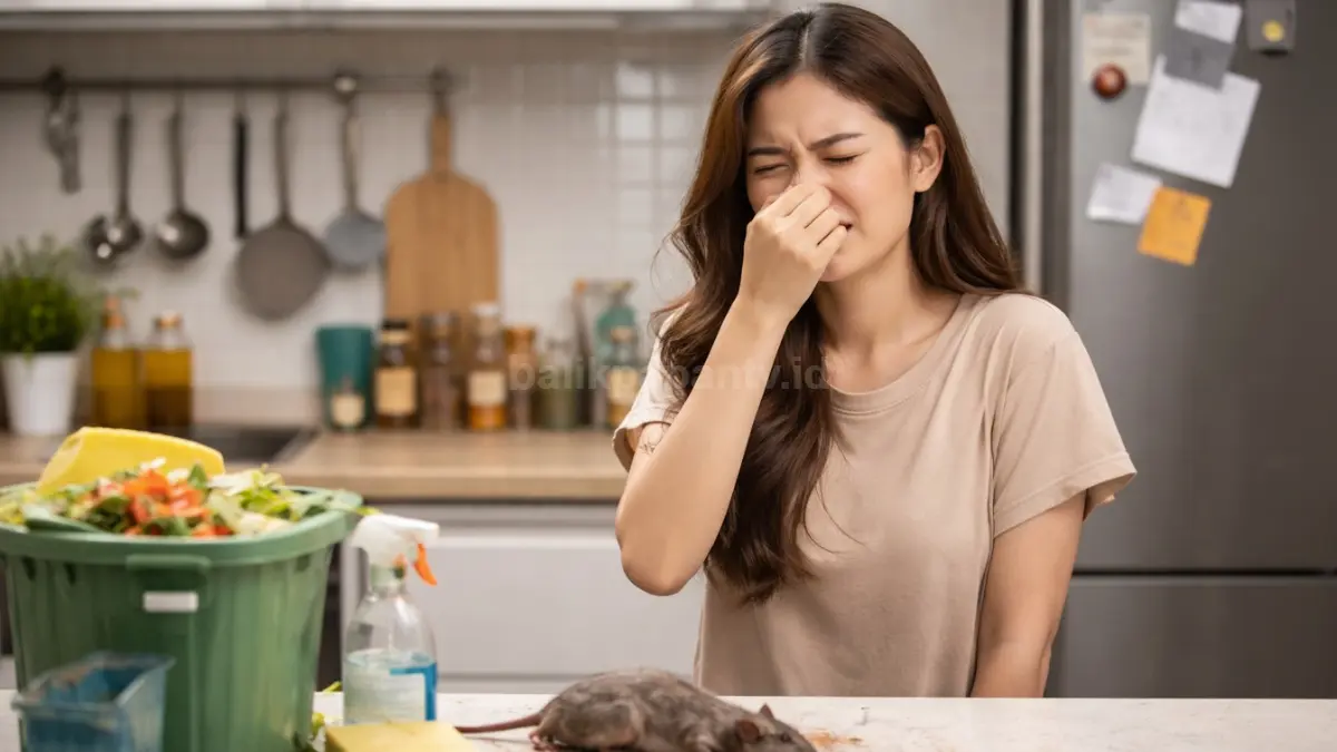 Ilustrasi seorang wanita menutup hidung karena bau bangkai tikus.