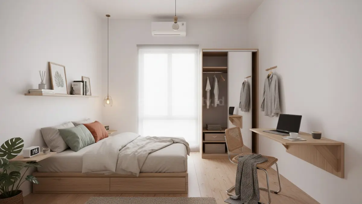 Kamar minimalis sederhana dengan pencahayaan alami dan desain hemat biaya