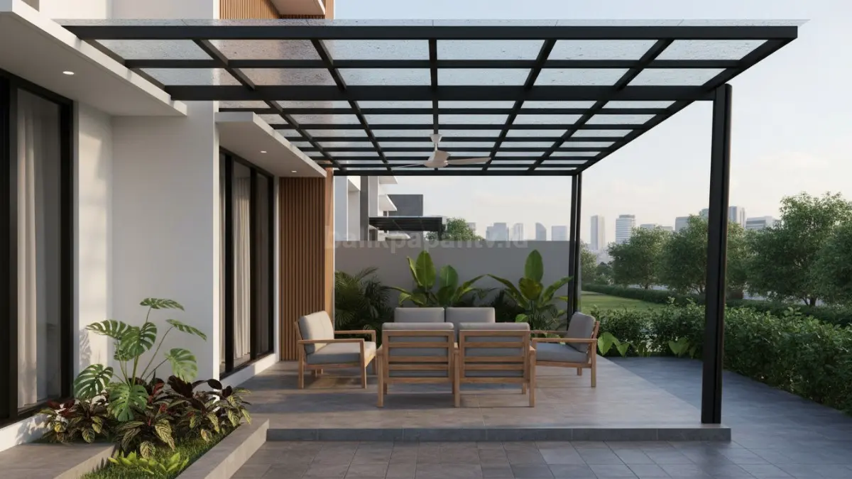 Kanopi teras industrial minimalis dengan rangka besi dan desain modern