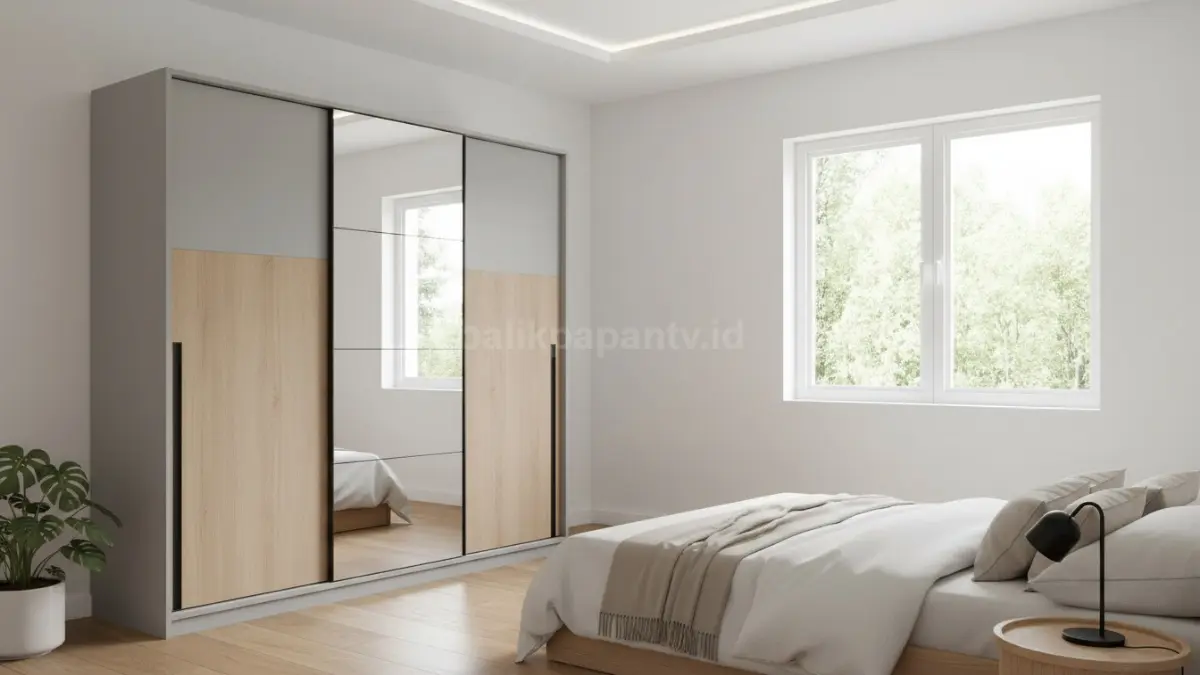 Lemari geser menyatu dengan desain kamar minimalis rapi