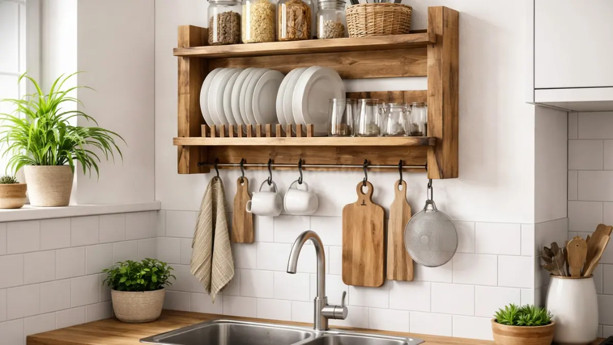 Rak piring dinding dari kayu sisa dengan desain minimalis di dapur modern.