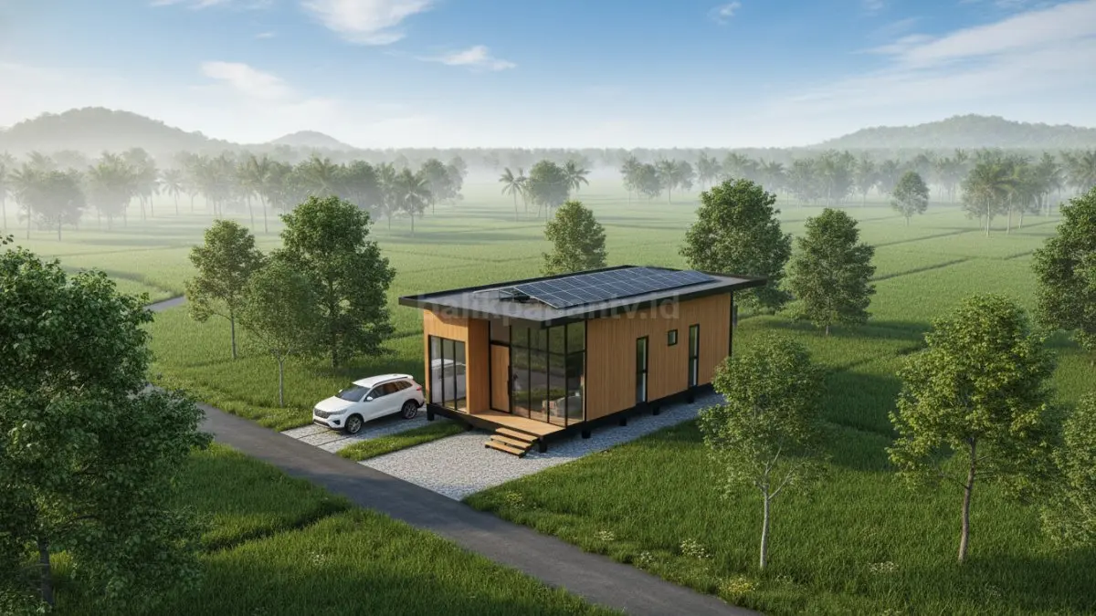 Rumah desa modern dengan material alami dan pemandangan hijau yang adem