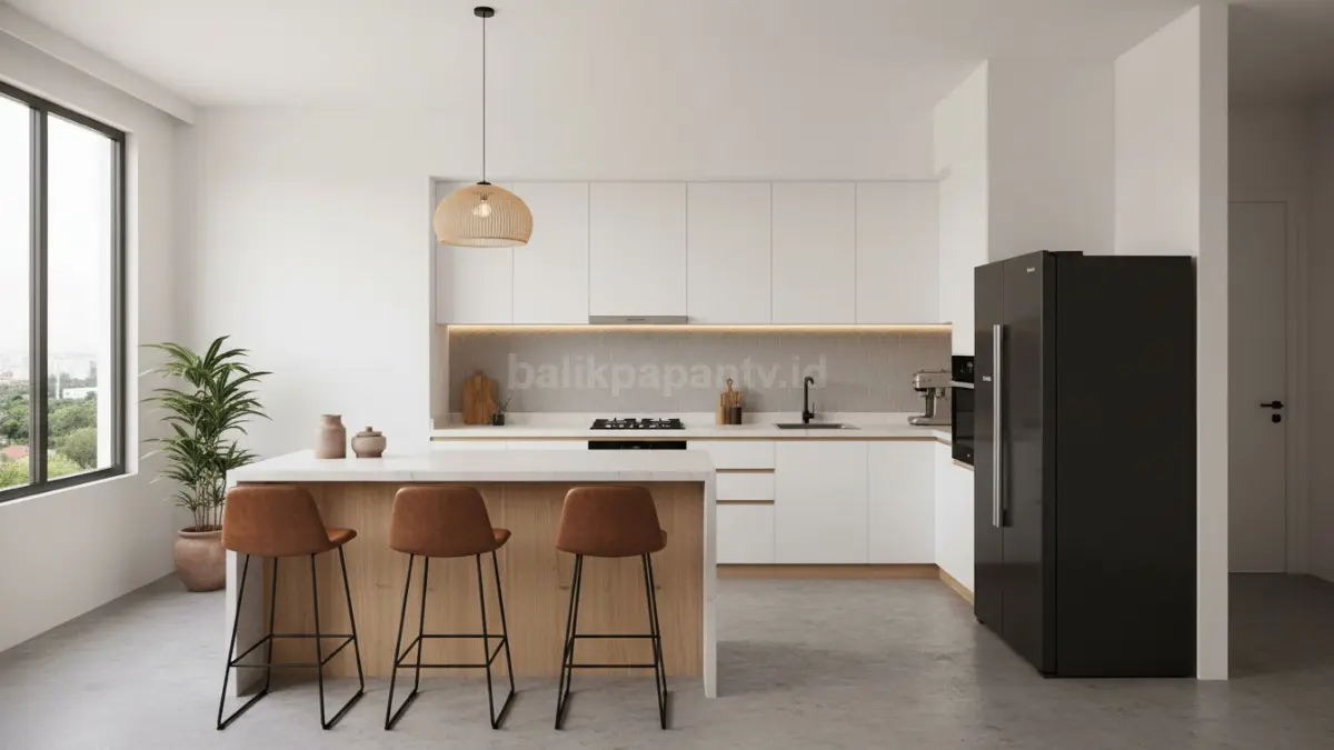 Tata letak dapur L dengan konsep work triangle yang efisien untuk aktivitas harian