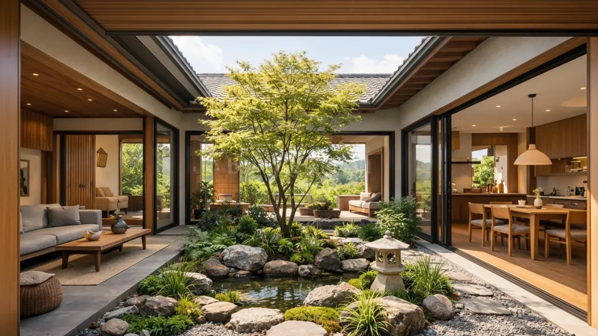 Rumah Japandi dengan inner courtyard (taman tengah) di desa.