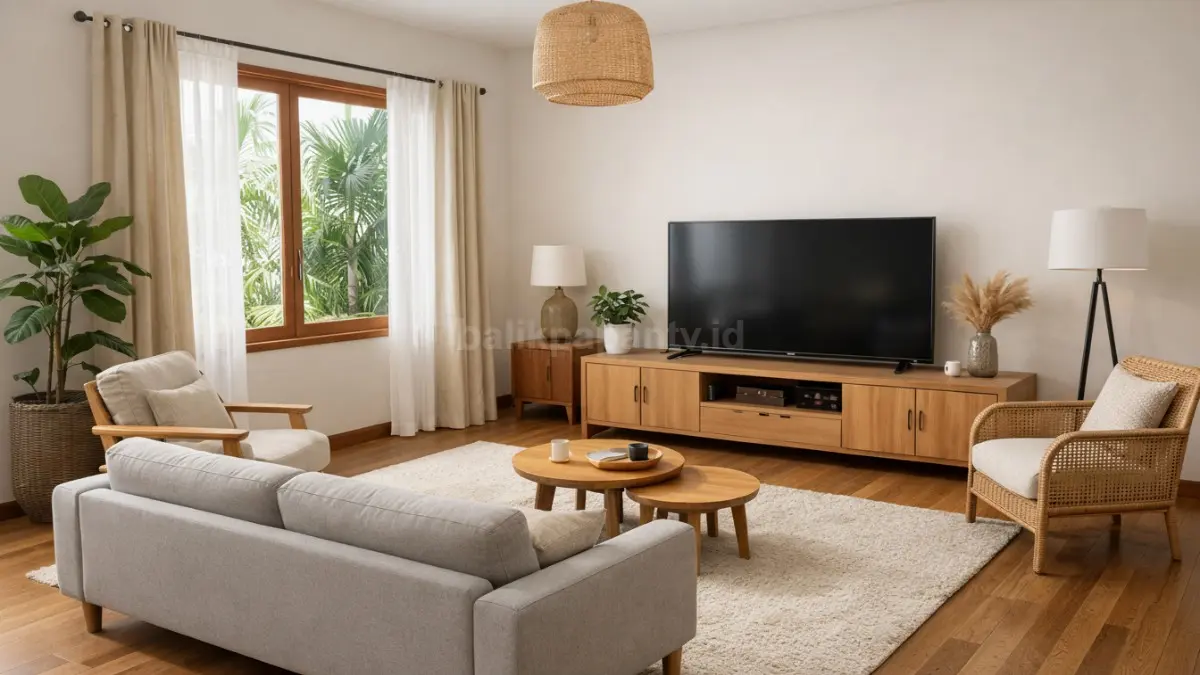Ruang tamu dengan posisi furnitur berdasarkan aktivitas utama.