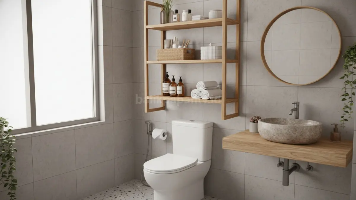 Boven di atas toilet dengan material MDF laminasi anti air, rapi dan mudah dijangkau.