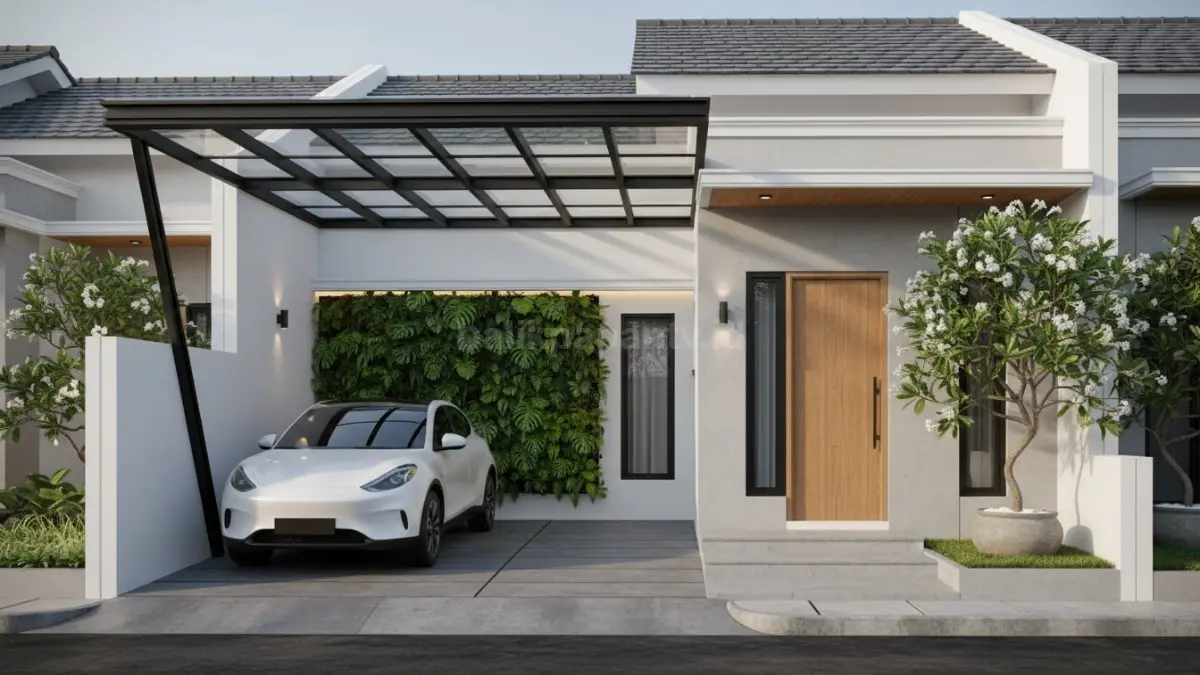 Carport minimalis modern dengan atap semi terbuka, stylish dan fungsional.