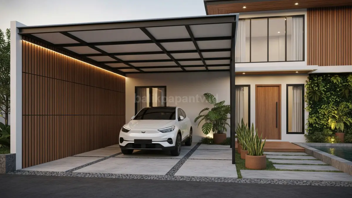 Carport semi terbuka dengan atap transparan, pencahayaan alami maksimal.