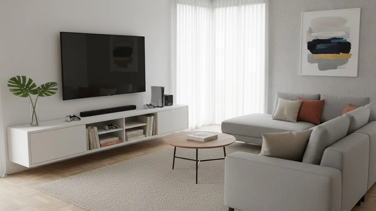 Contoh rak TV multifungsi dengan storage rapi dan praktis