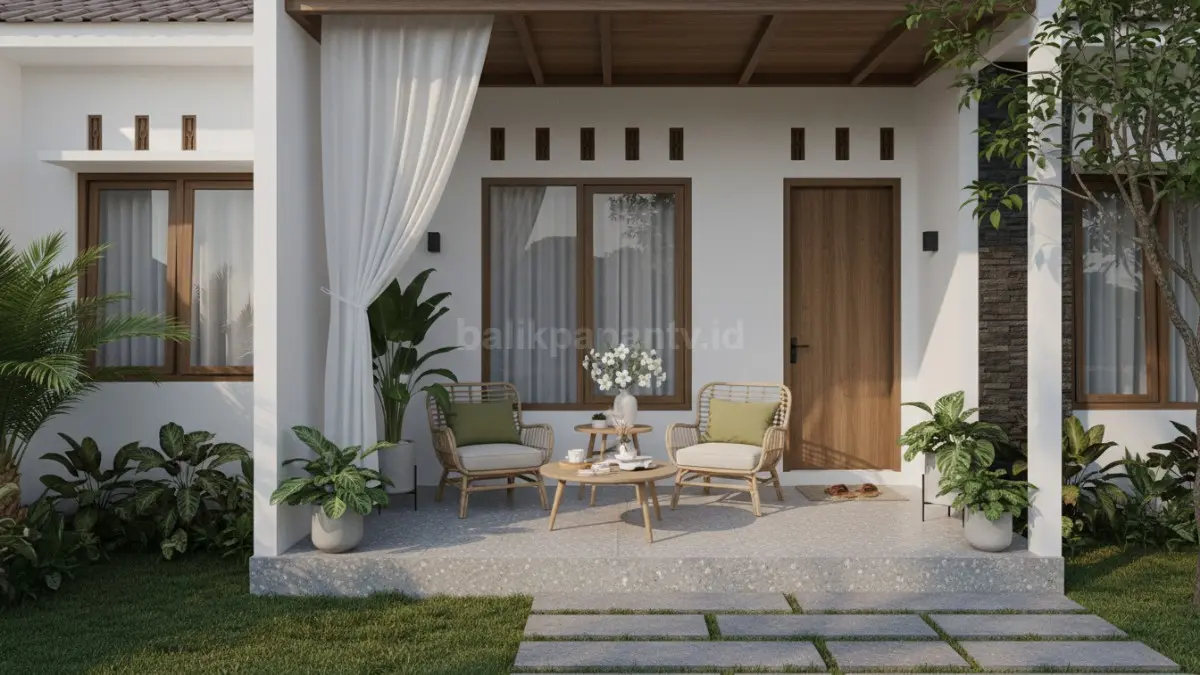 Desain teras minimalis dengan kursi kayu dan pencahayaan hangat