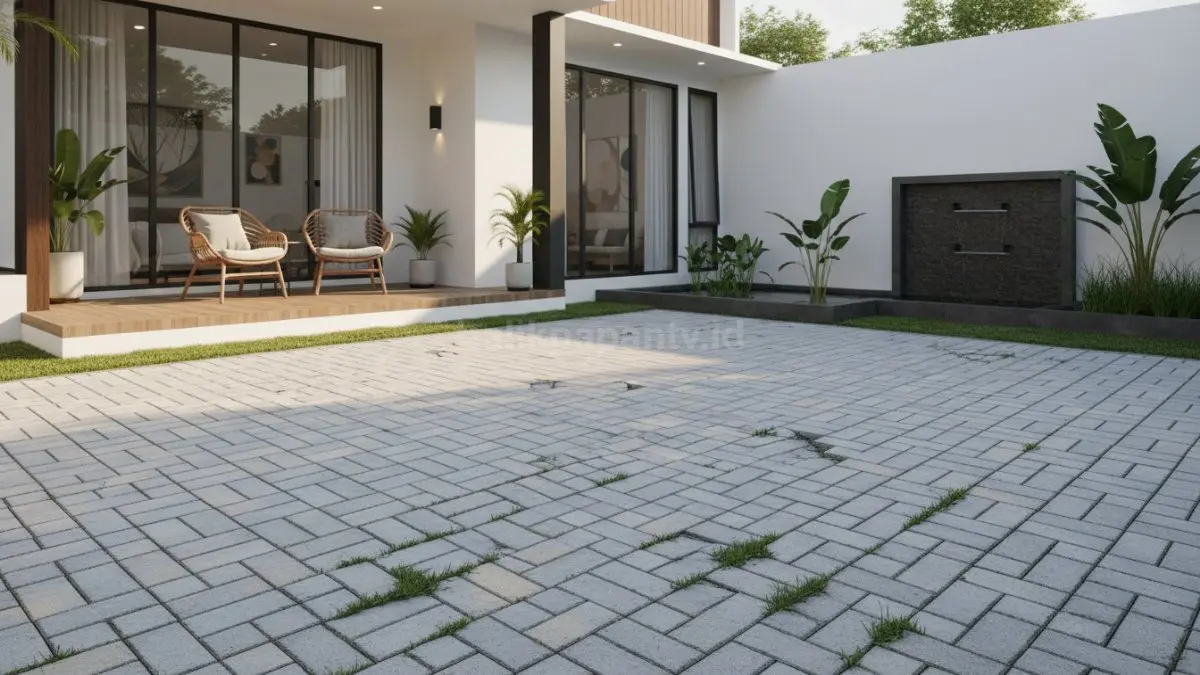 Halaman rumah minimalis dengan paving block interlock modern, nyaman dan rapi.