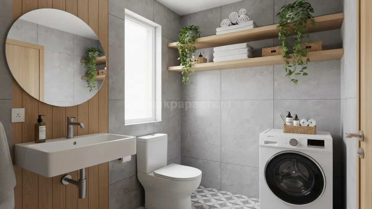 Interior kamar mandi modern dengan boven minimalis hemat ruang, terlihat rapi dan estetik.